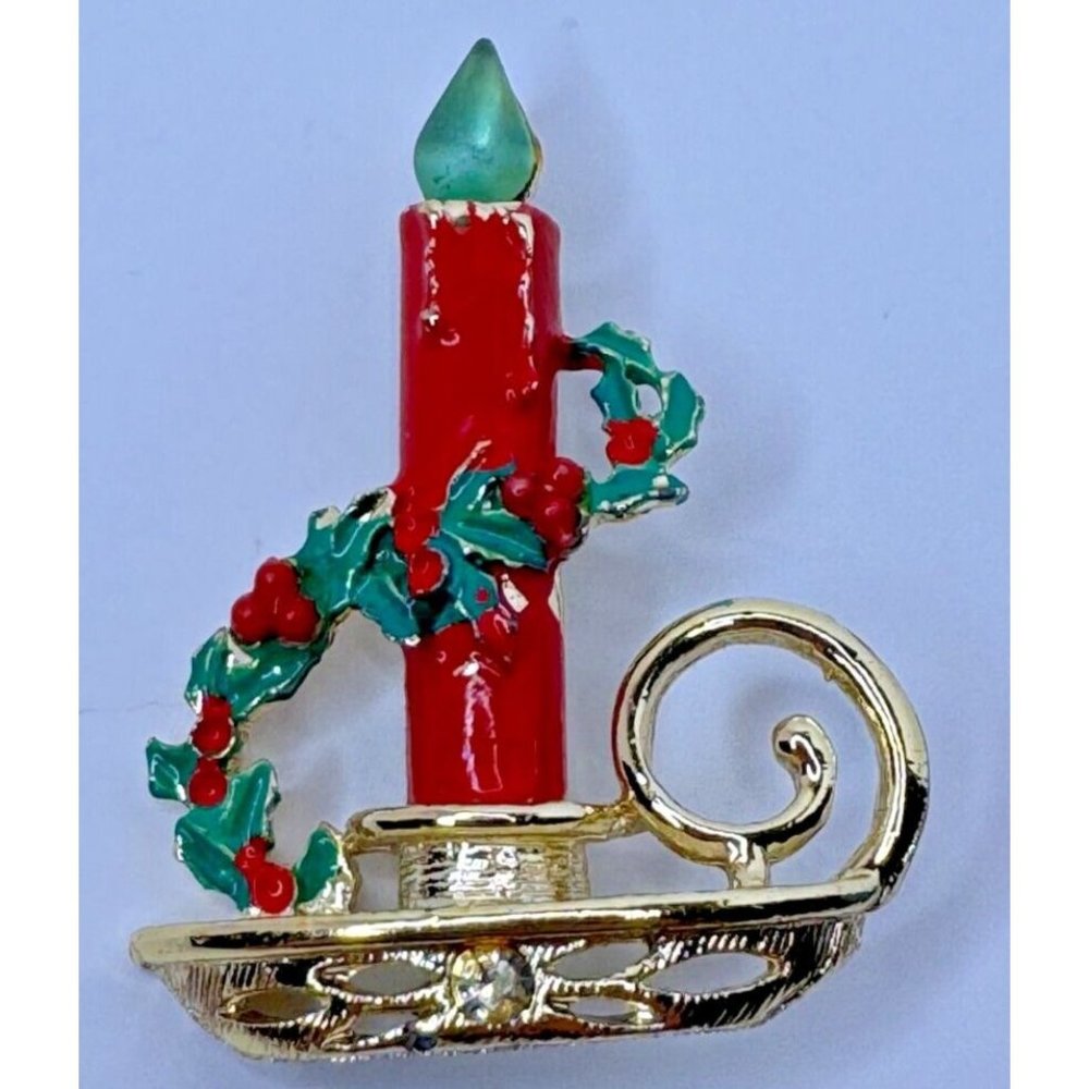 Vintage Christmas Candle Brooch Pin Jewelry Holly Enamel Green Flame Holidays - Picture 3 of 5